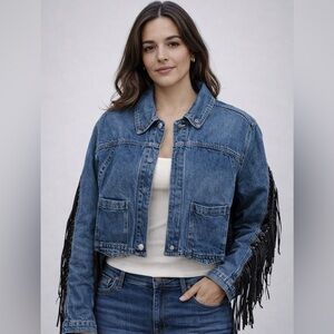 True Religion Denim Jacket w/ Leather Fringe & Grommet Back |Western Moto Size M